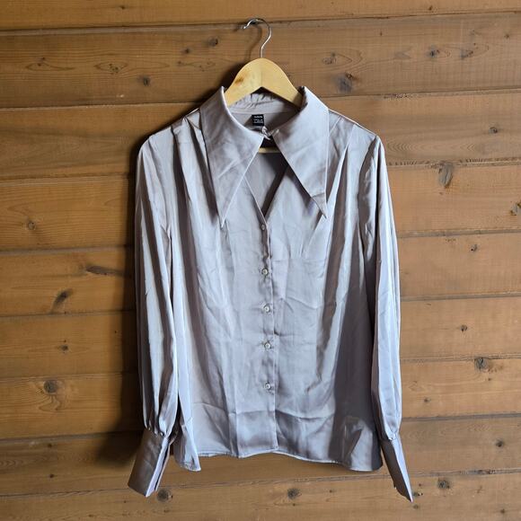 Aveloria Long Sleeve Blouse Hollow Open Front Oversized Collar Champagne L 8/10 - Picture 2 of 6